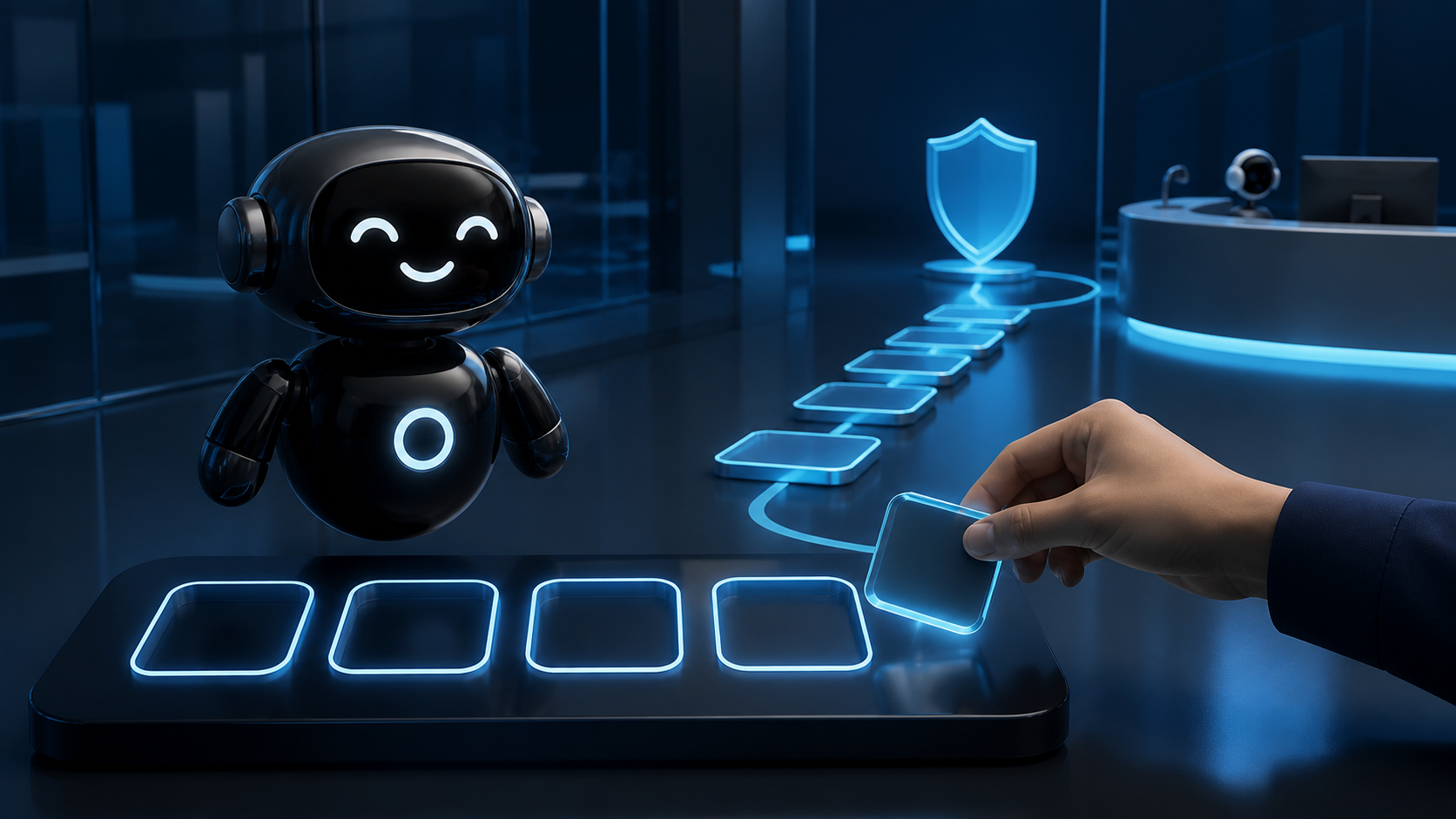 Deploy Agentic robot guiding an abstract form through a safe recovery path toward a support desk