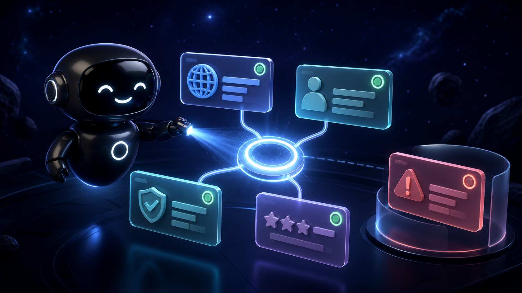 Deploy Agentic robot comparing abstract website, support, policy, and review records around a central verification signal