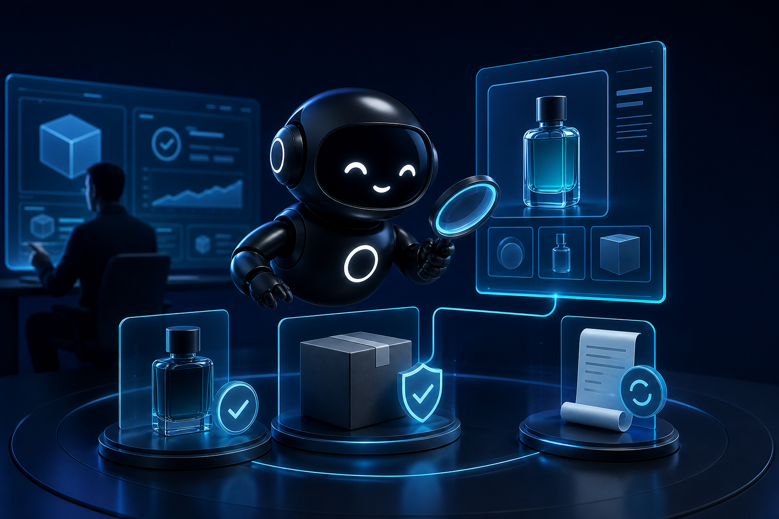 Deploy Agentic robot using a magnifying glass to compare an abstract product record, package, and policy document