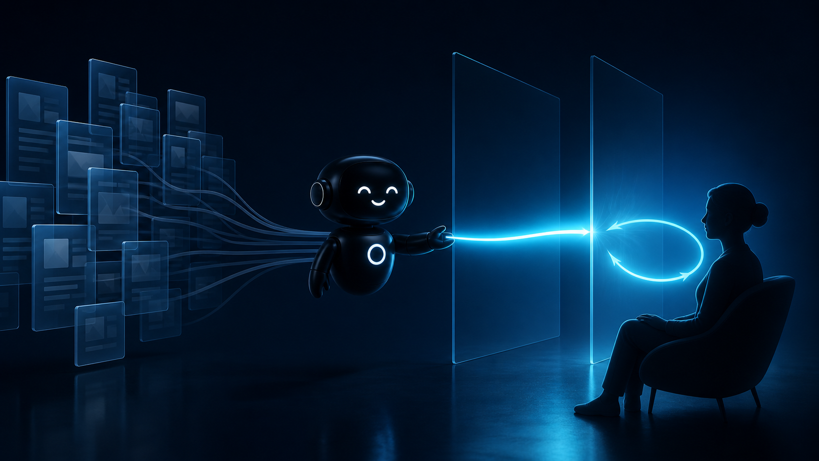Deploy Agentic robot guiding a clear cyan path from abstract web pages toward a reader