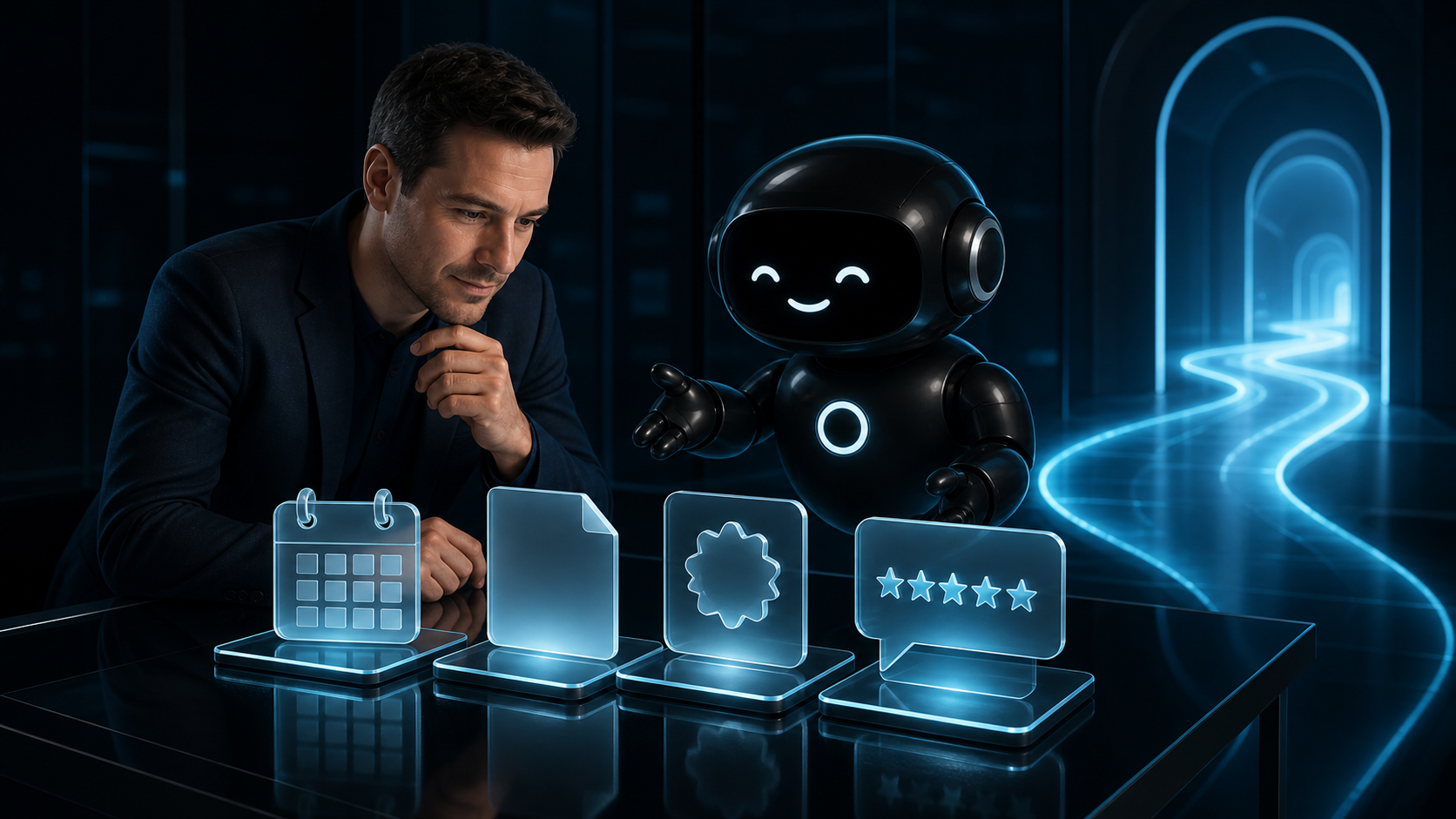 Deploy Agentic robot and a business operator checking abstract proof records before a cyan path continues