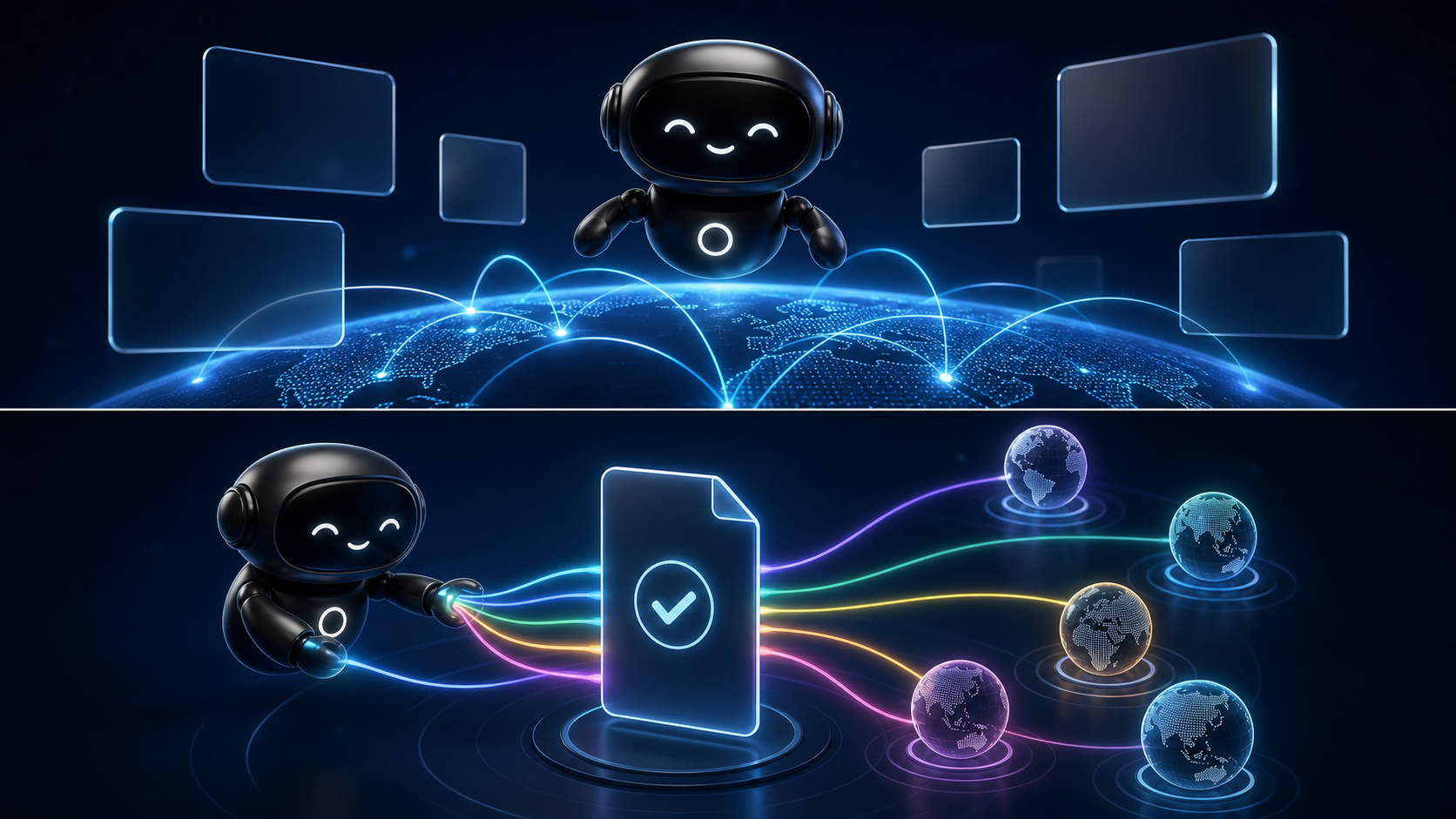 Deploy Agentic robot above an illuminated globe with blank glass panels and global connection paths