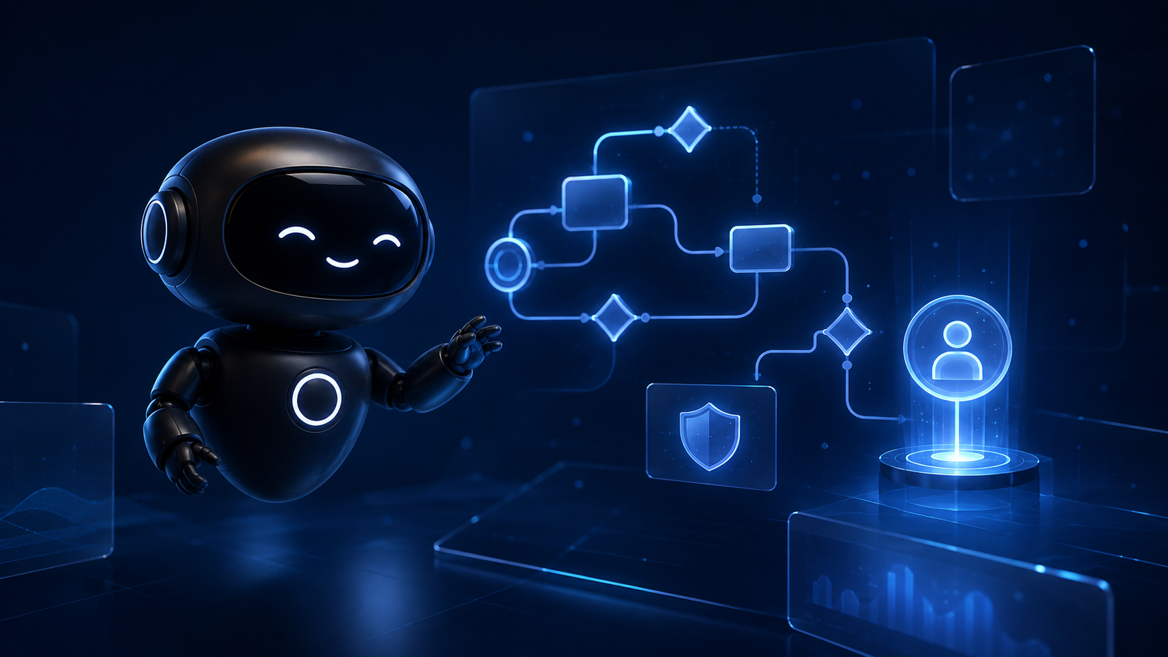 Deploy Agentic robot reviewing a glowing abstract workflow with checkpoints and a human approval beacon